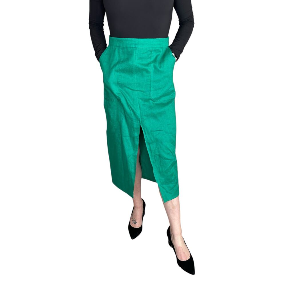 REISS Vibrant‎ Green Plain Linen Jackson Midi Skirt Women's Size 6 NWT Career